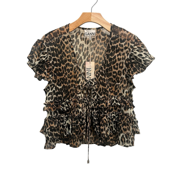 Ganni Tops - Ganni Blouse Womens Size 32 EU or XXS US Leopard Print Tie Front Short Sleeve